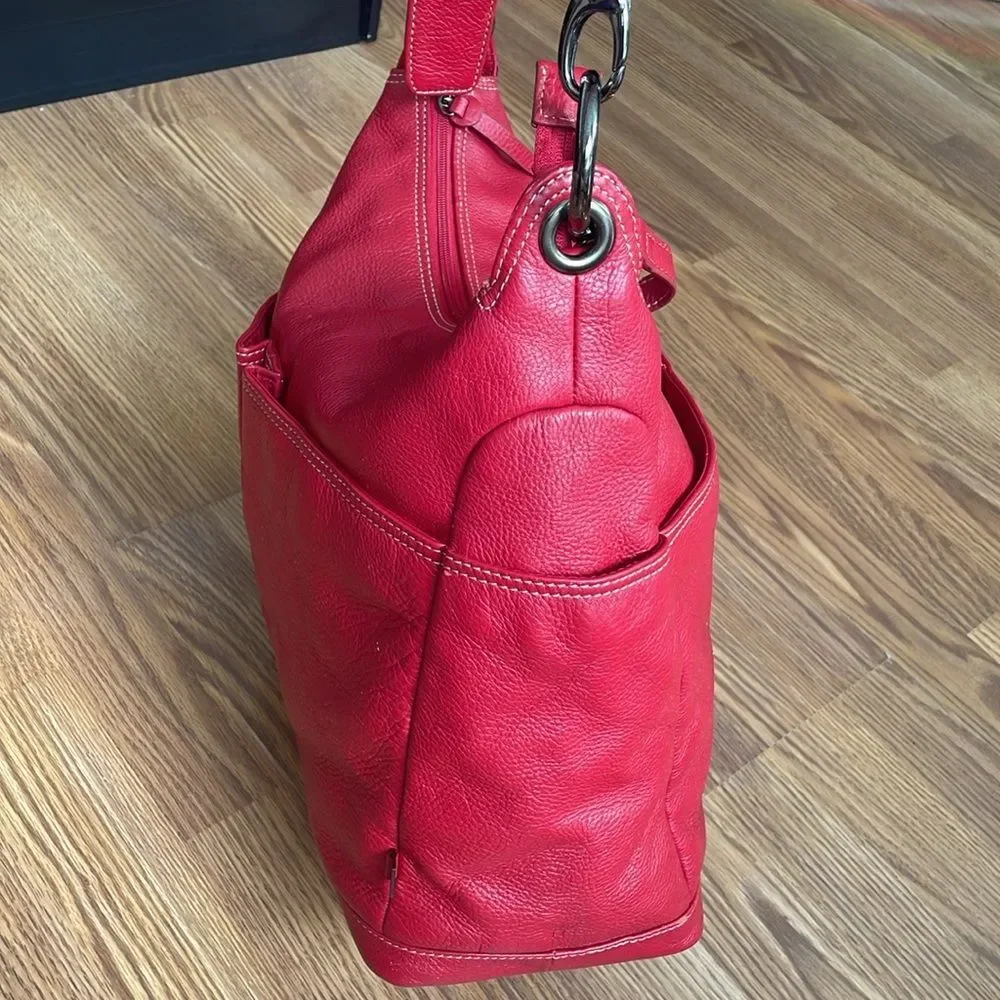 OiOi Diaper Bag Pompeian Red Leather Two Pocket Hobo Quality Made Retails $230